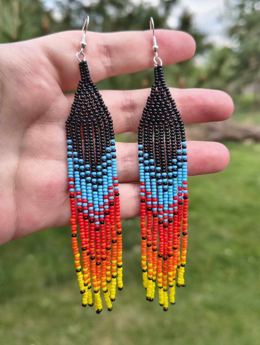 Native American Handmade Beaded Fringe Earrings Black Sunset Gradient